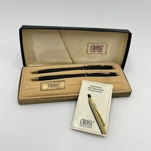 Vintage Cross Century Pen and Pencil Set Black‎ Matte with Gold Trim WORKING